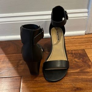 Black leather wedges